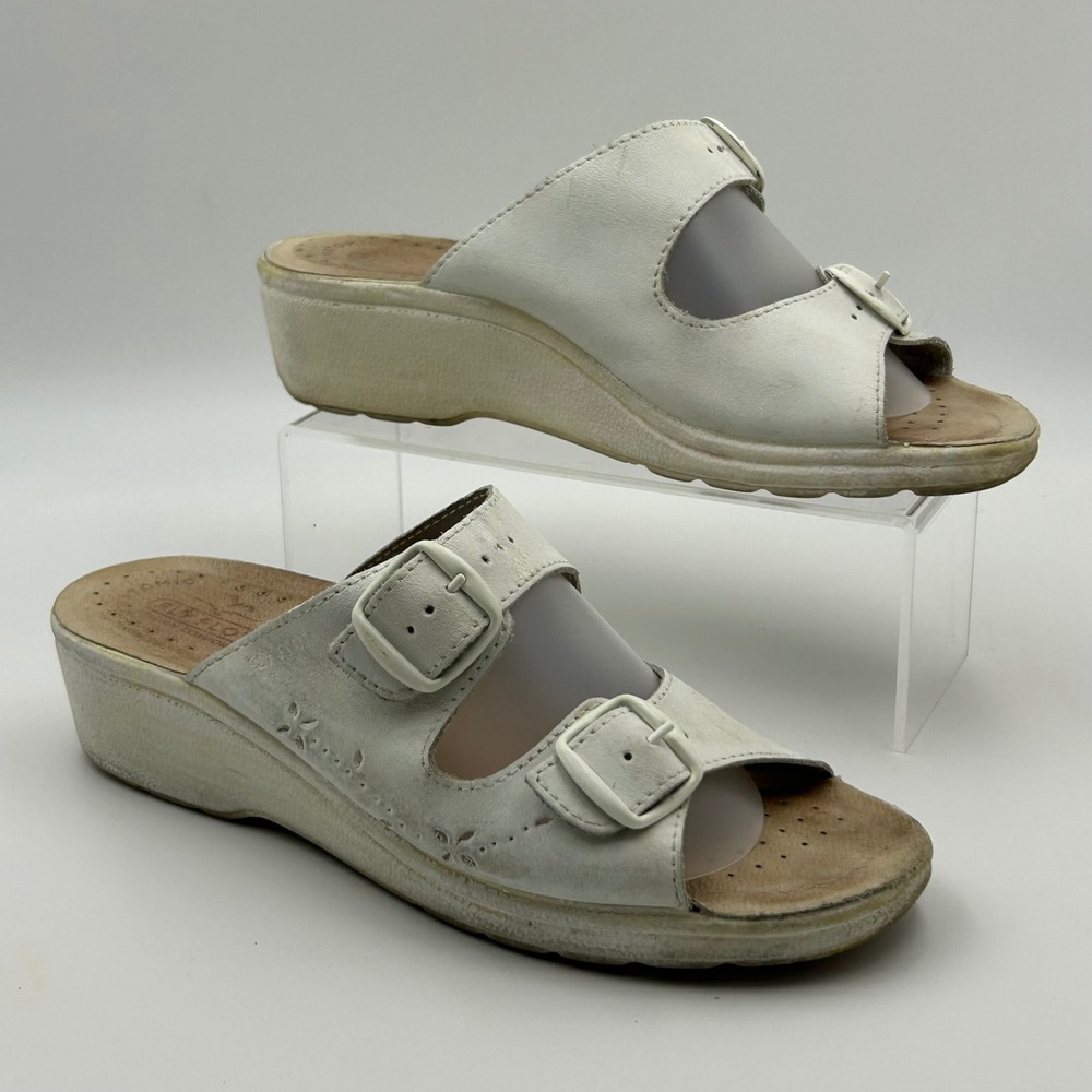 Fly Flot Wedge Slide Sandals Womens 40 White Leather Buckle Floral Comfort Italy
